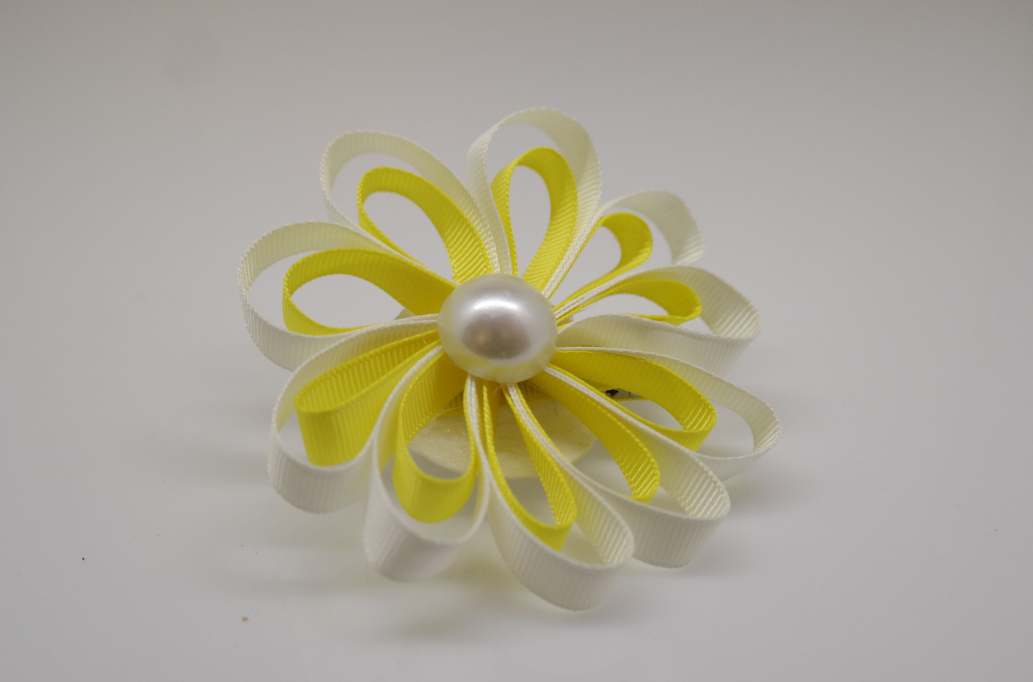 Large petal flower hair Bow with colors  White, Daffiadil Yellow